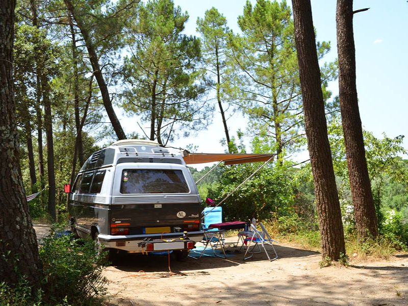 Camping-car sur un terrain de camping au milieu des arbres.