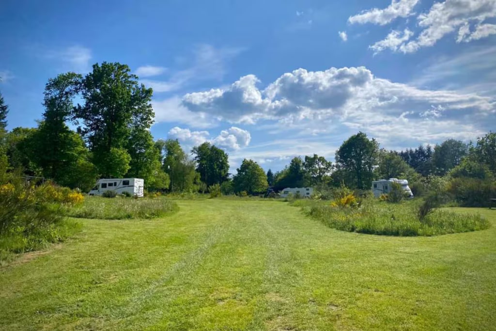 terrain de camping avec camping-cars et caravane Le Ranch Camping et Glamping